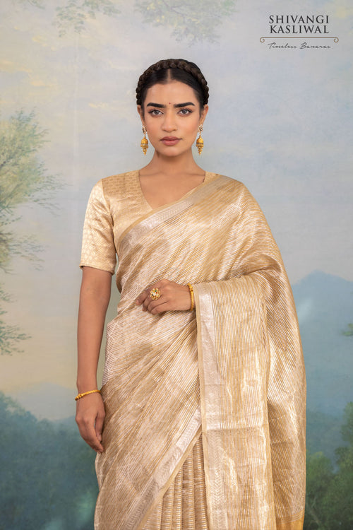 Beige Handwoven Banarasi Tissue Silk Saree