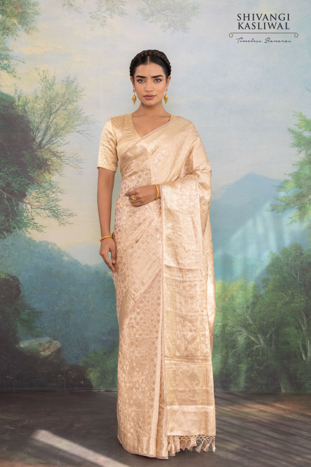 Beige Handwoven Banarasi Tissue Silk Saree