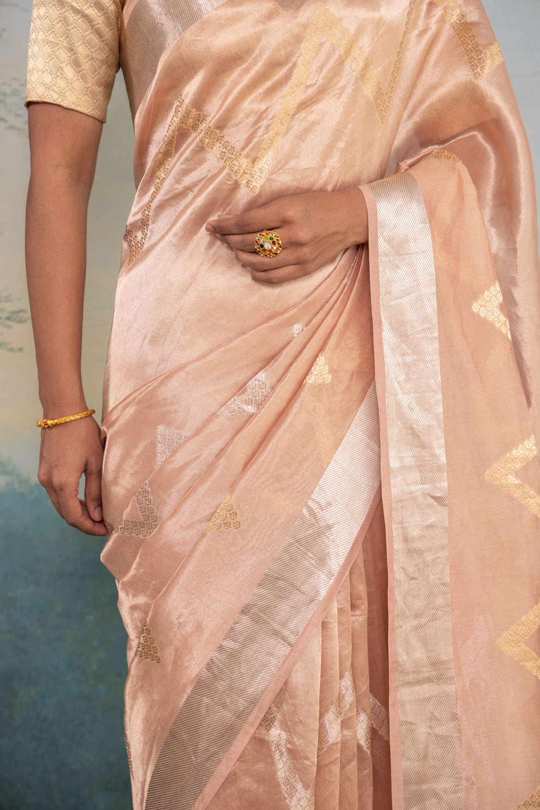 Peach Handwoven Banarasi Tissue Silk Saree