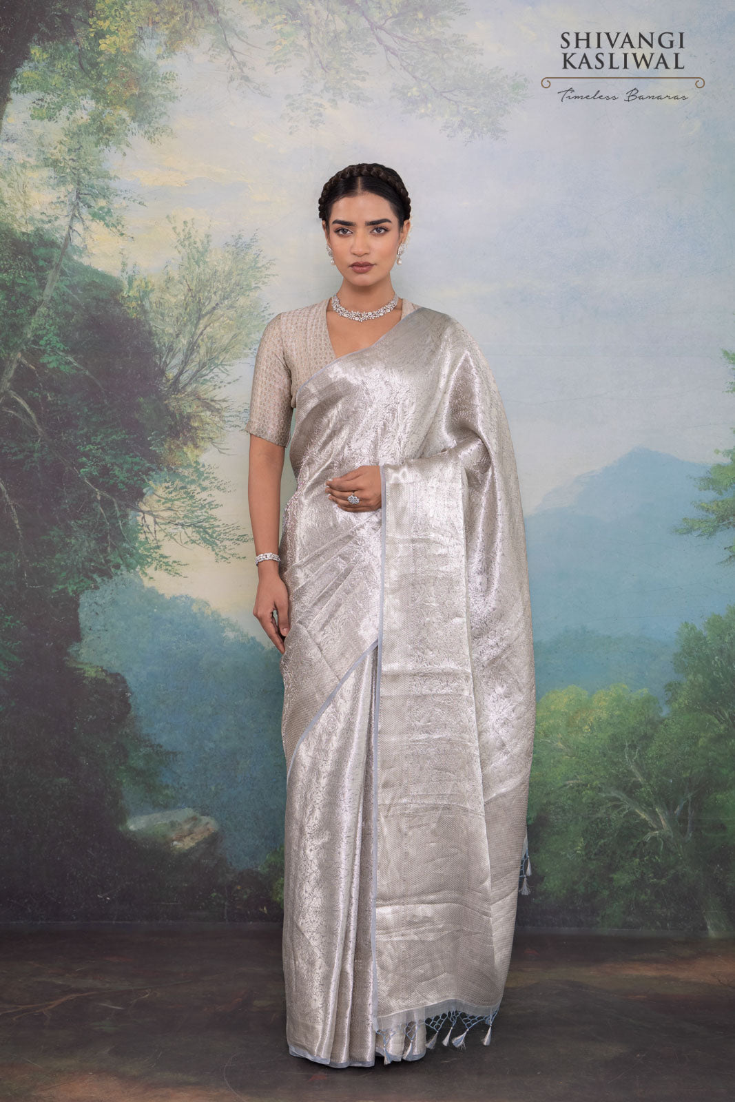 Grey Handwoven Banarasi Tissue Silk Saree