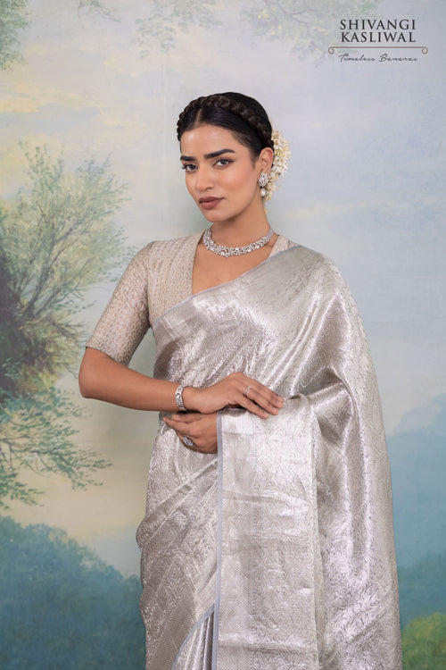 Grey Handwoven Banarasi Tissue Silk Saree
