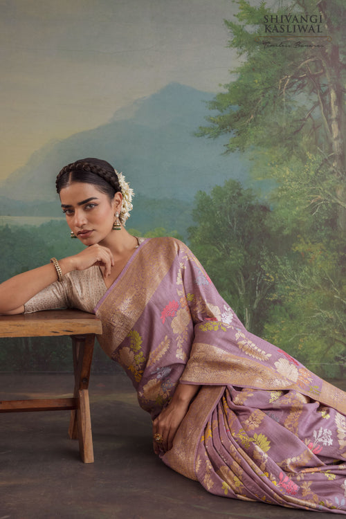Mauve Handwoven Banarasi Kadhua Tussar Georgette Saree