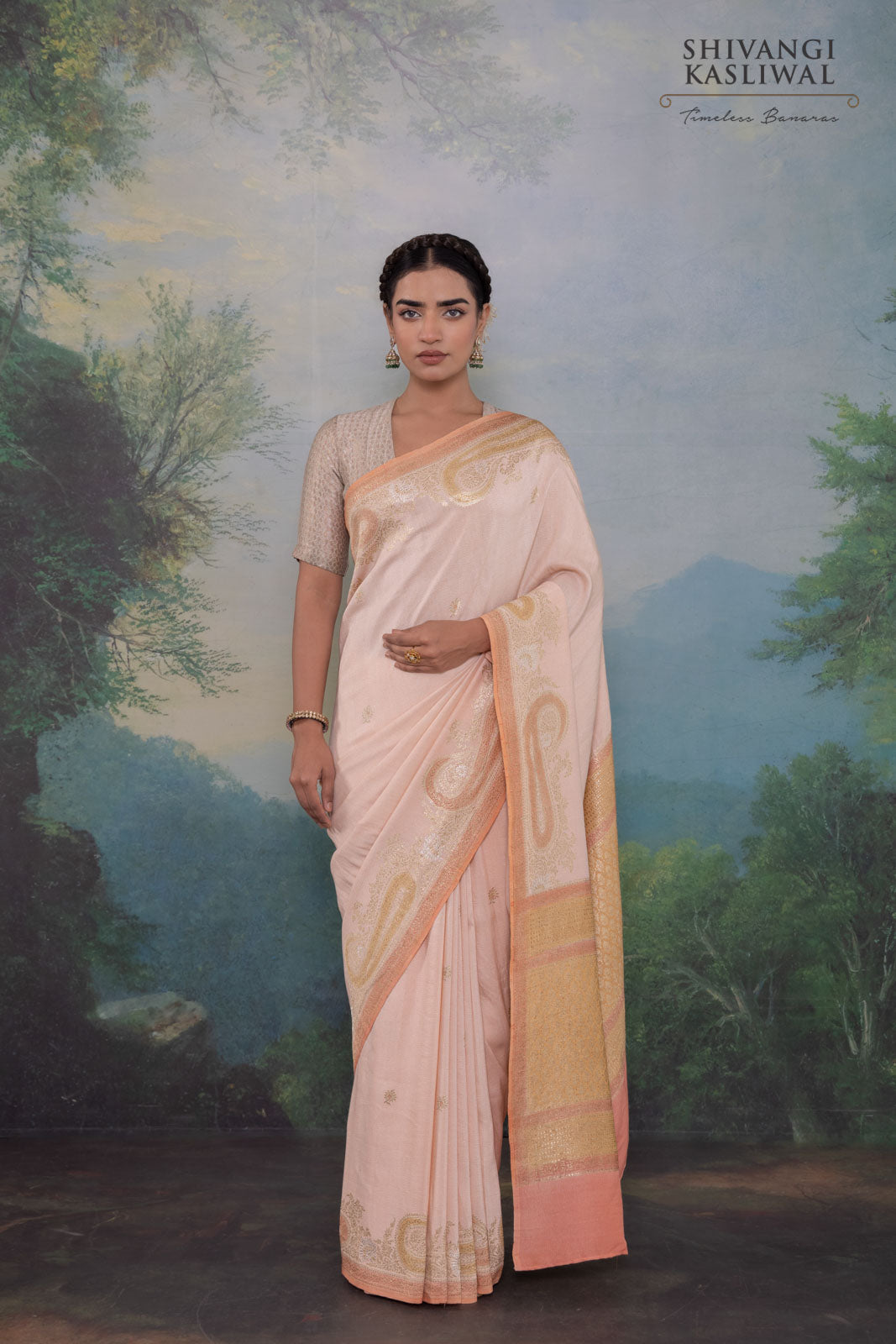 Peach Champagne Handwoven Banarasi Tussar Georgette Saree