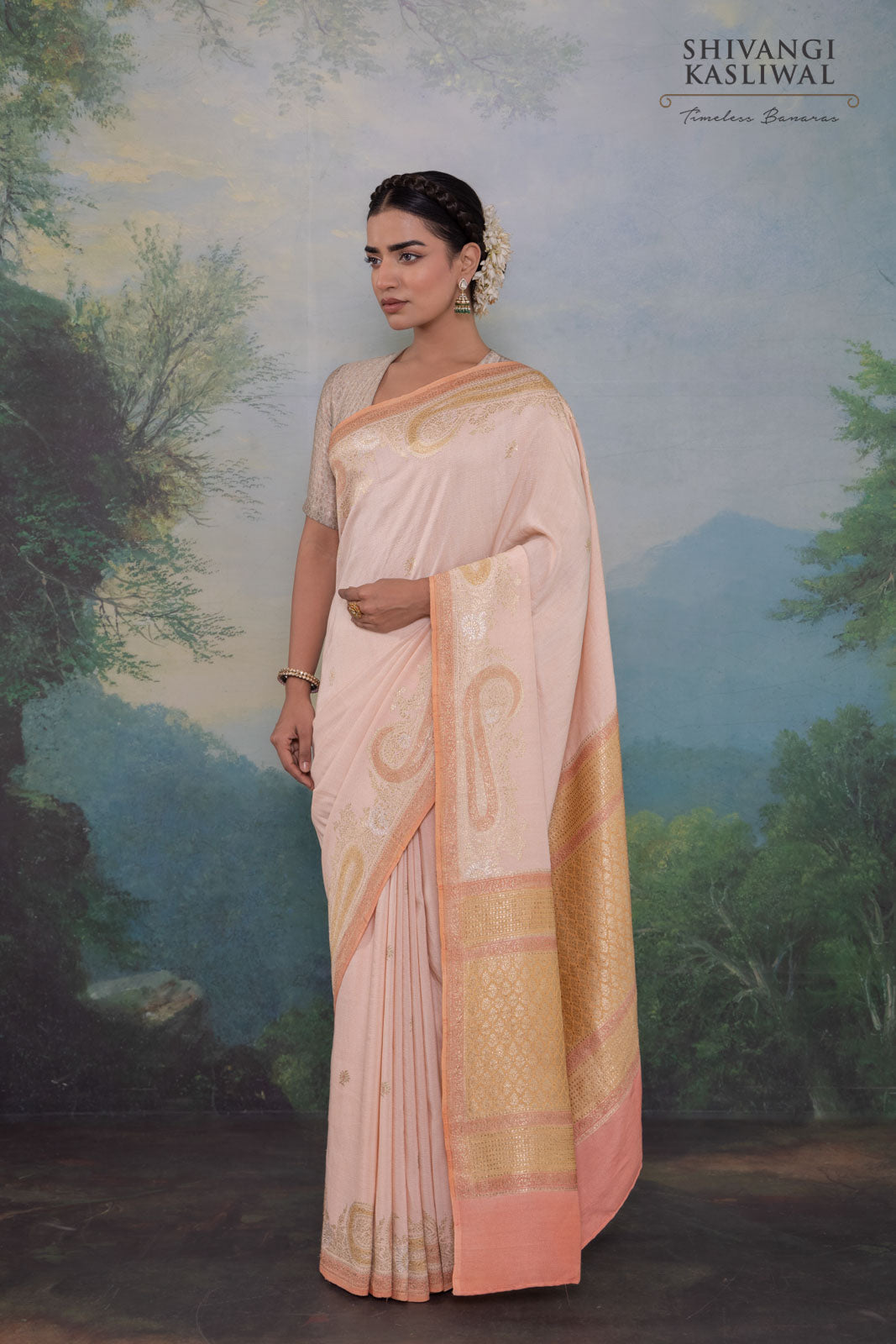 Peach Champagne Handwoven Banarasi Tussar Georgette Saree