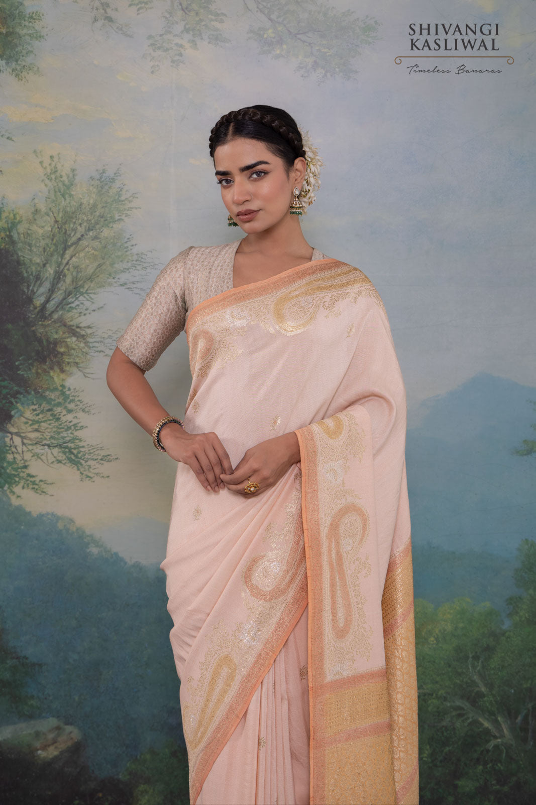 Peach Champagne Handwoven Banarasi Tussar Georgette Saree
