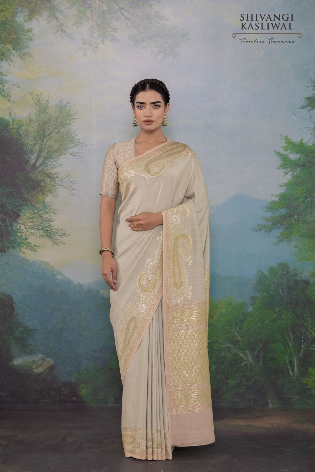 Pearl Champagne Handwoven Banarasi Tussar Georgette Saree