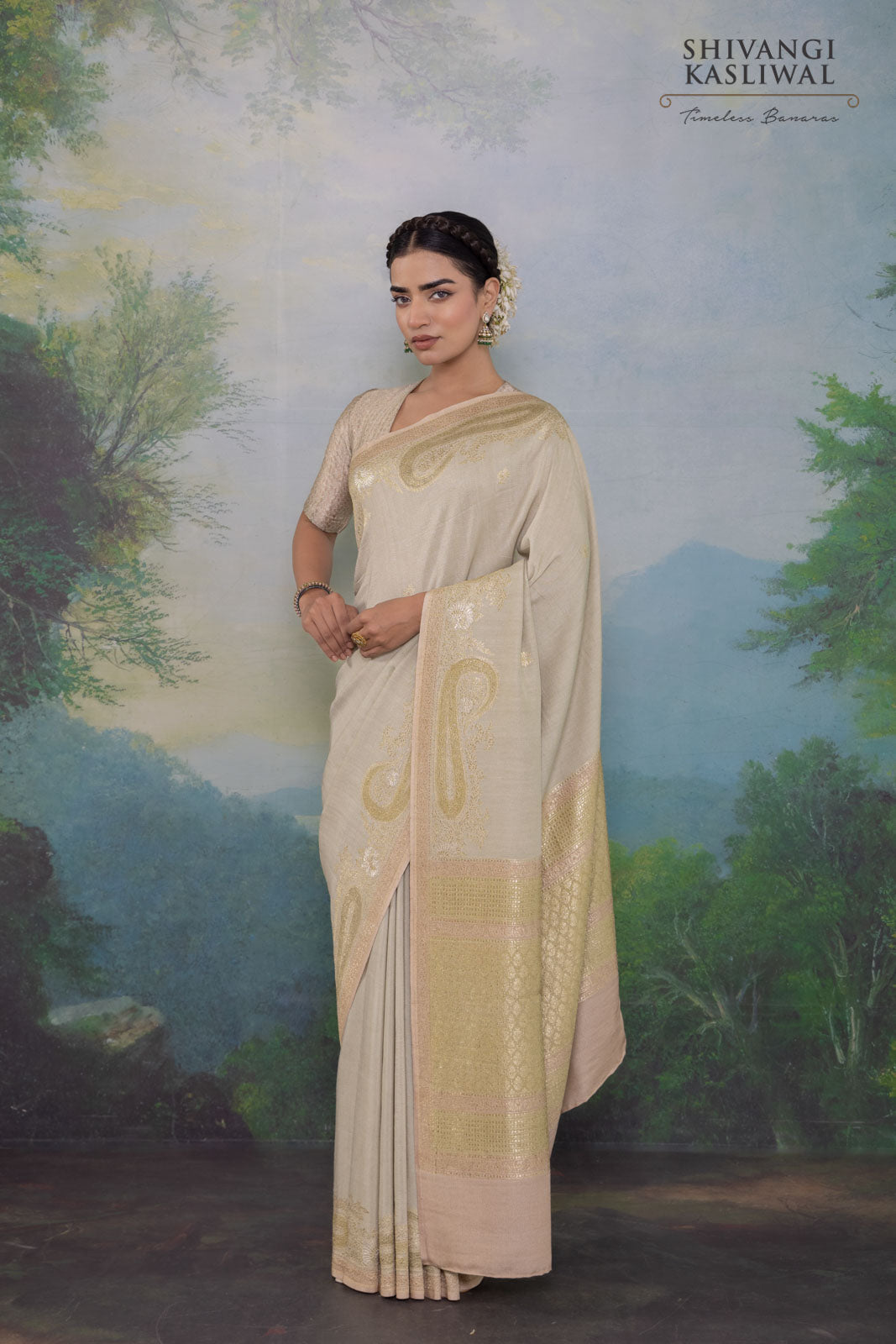 Pearl Champagne Handwoven Banarasi Tussar Georgette Saree