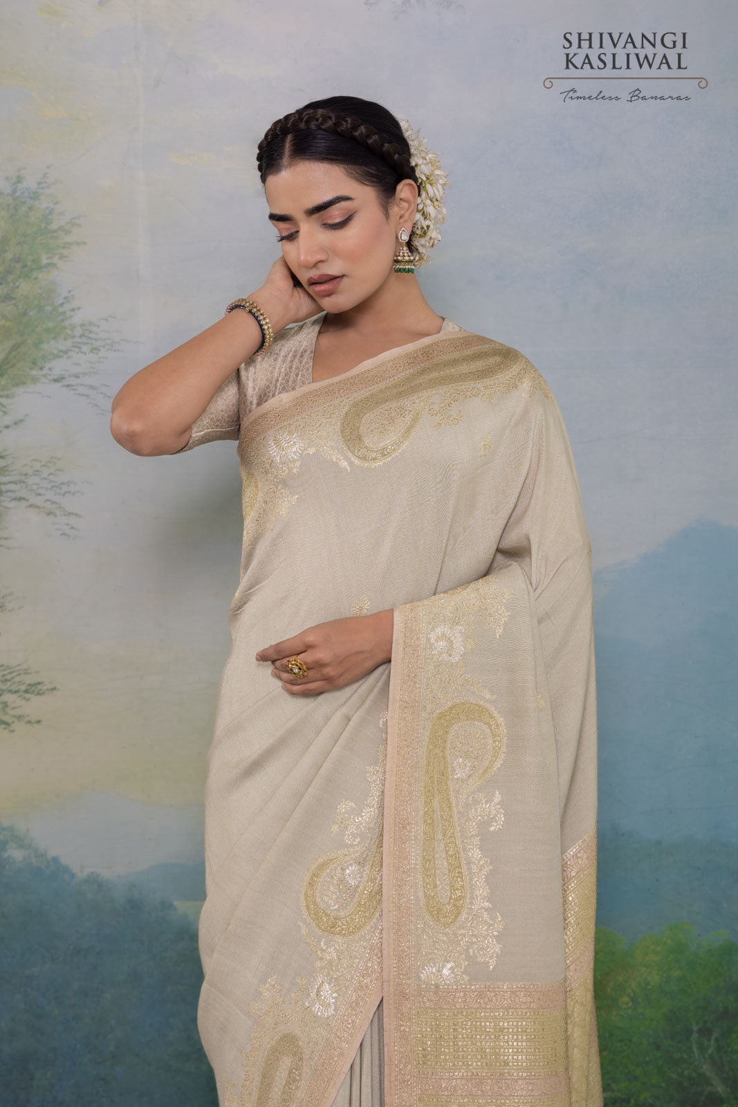 Pearl Champagne Handwoven Banarasi Tussar Georgette Saree