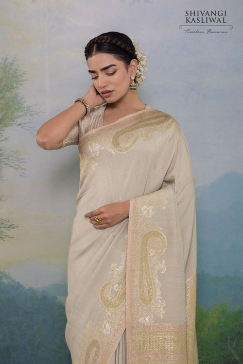 Pearl Champagne Handwoven Banarasi Tussar Georgette Saree