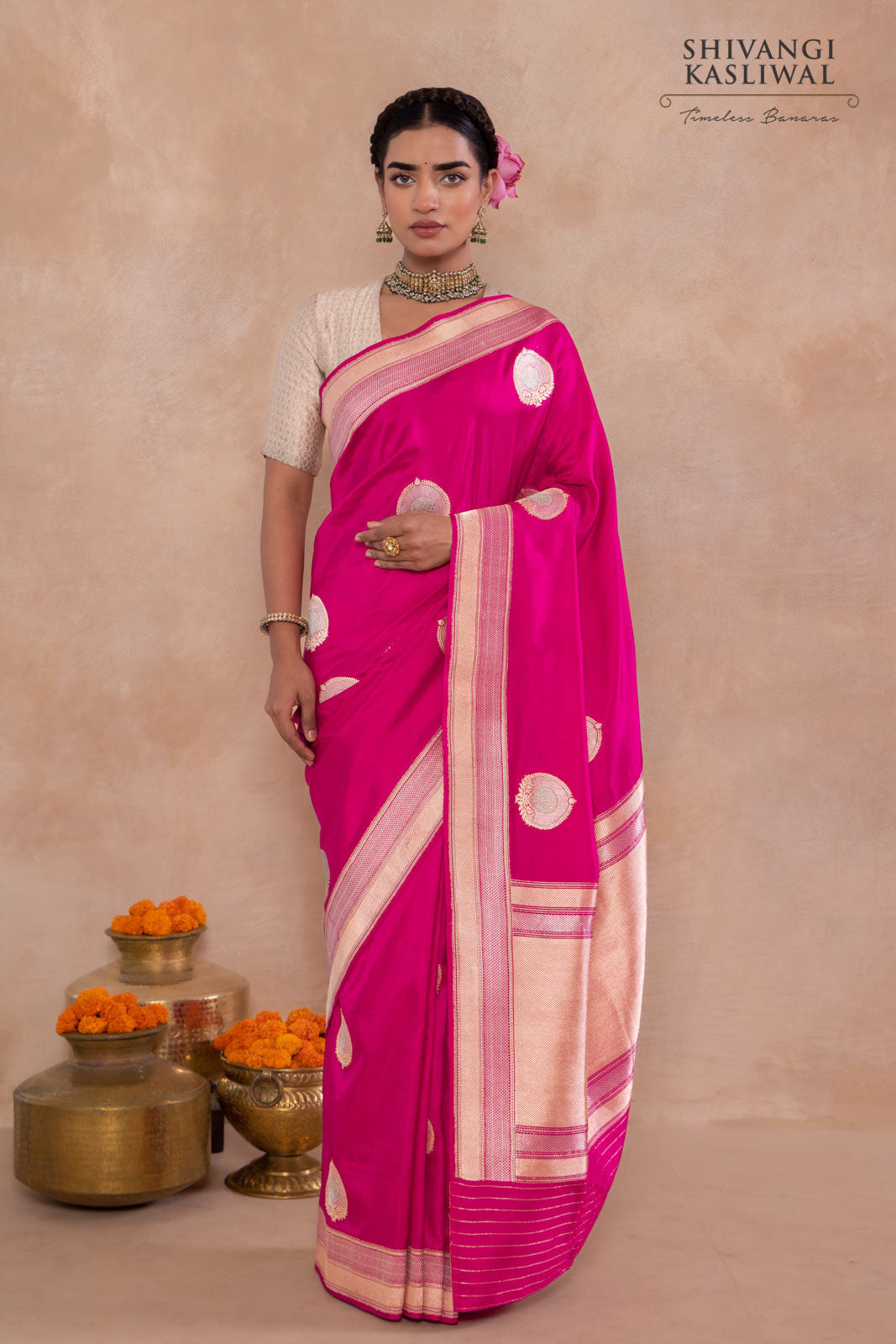 Fuchsia Pink Handwoven Banarasi Kadhua Silk Saree