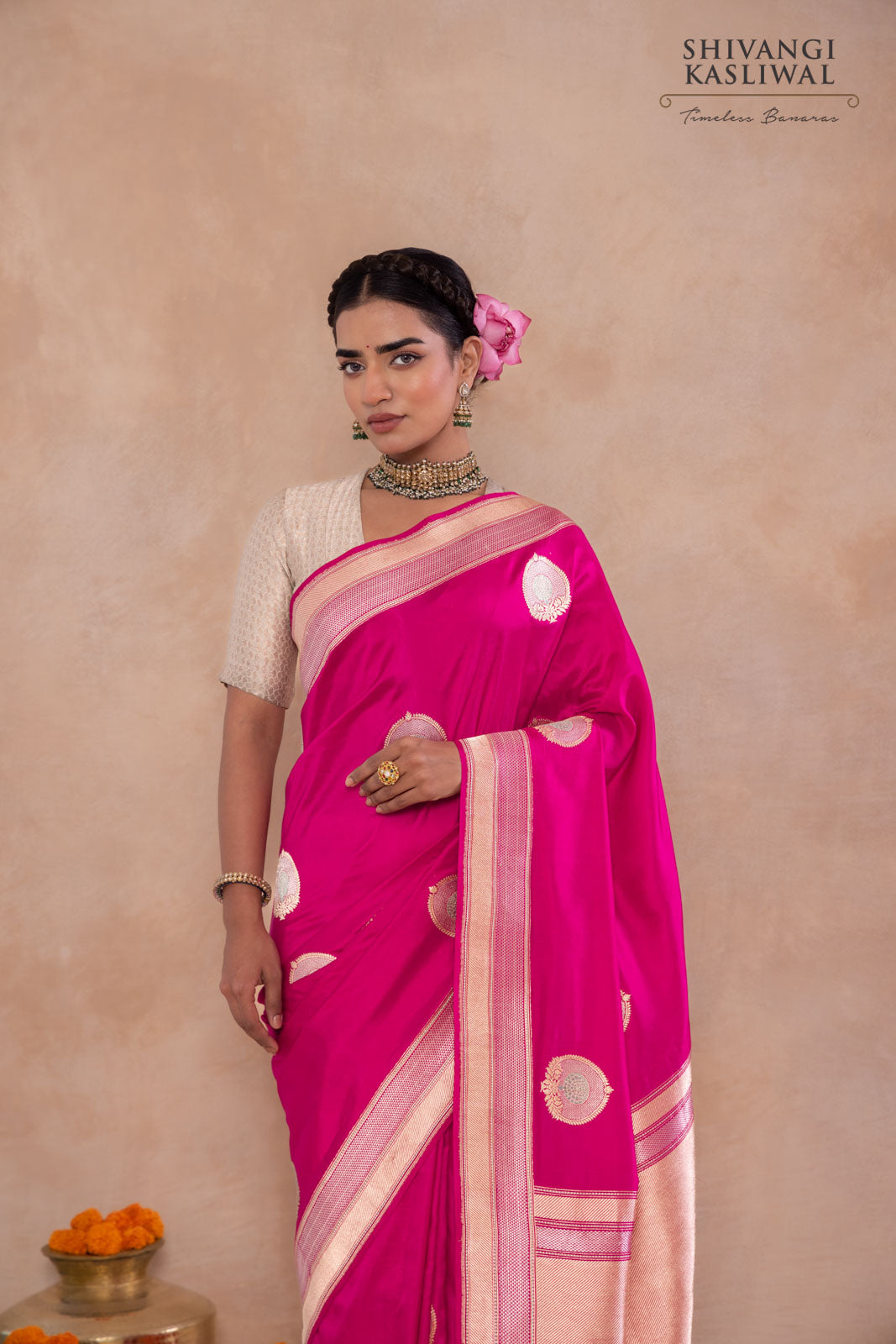 Fuchsia Pink Handwoven Banarasi Kadhua Silk Saree