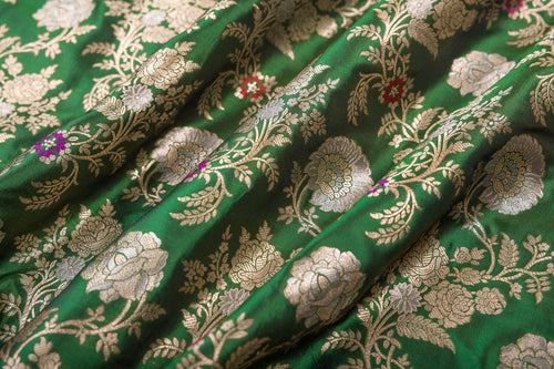 Bottle Green Handwoven Banarasi Silk Fabric
