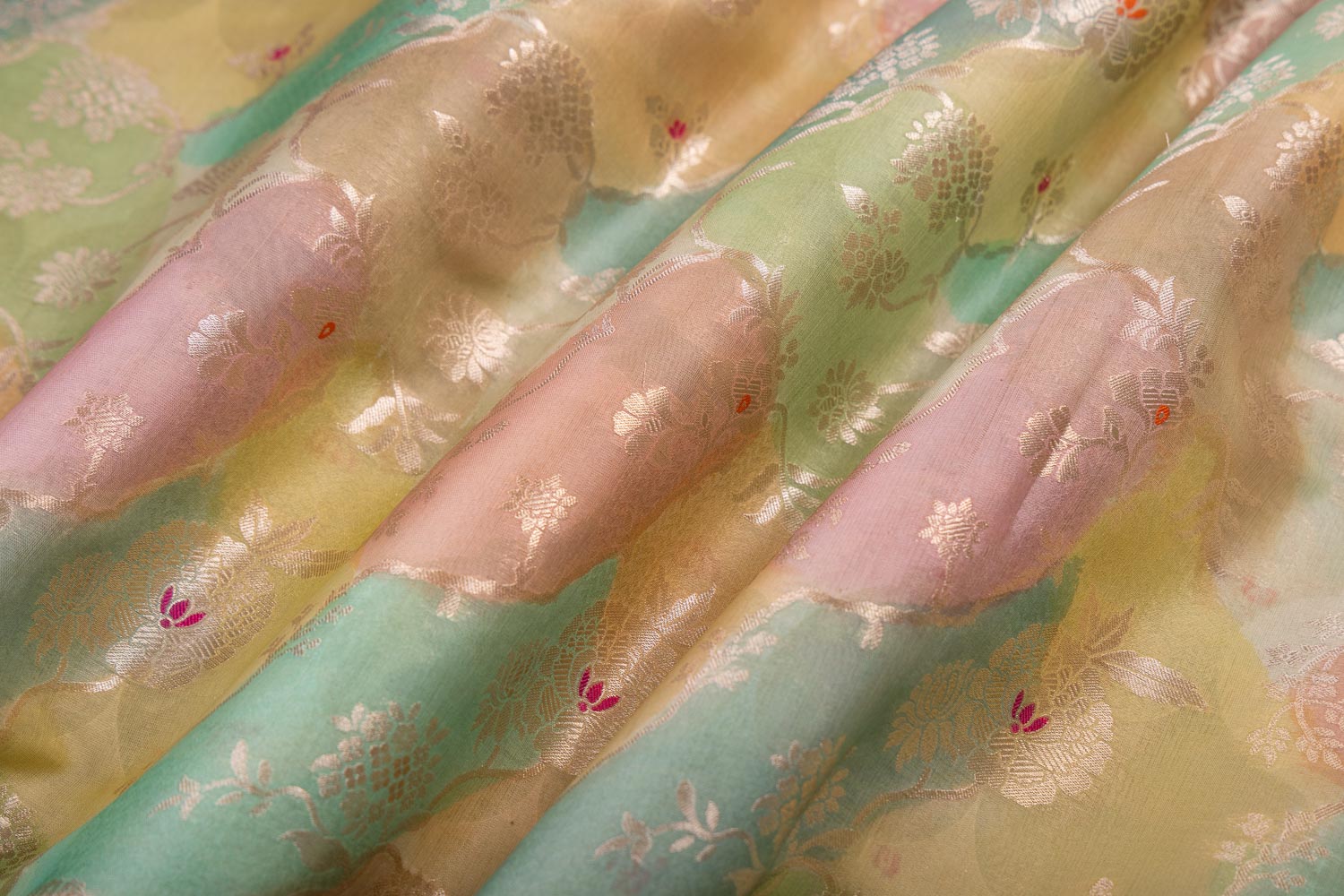 Multicolor Handwoven Banarasi Organza Silk Fabric