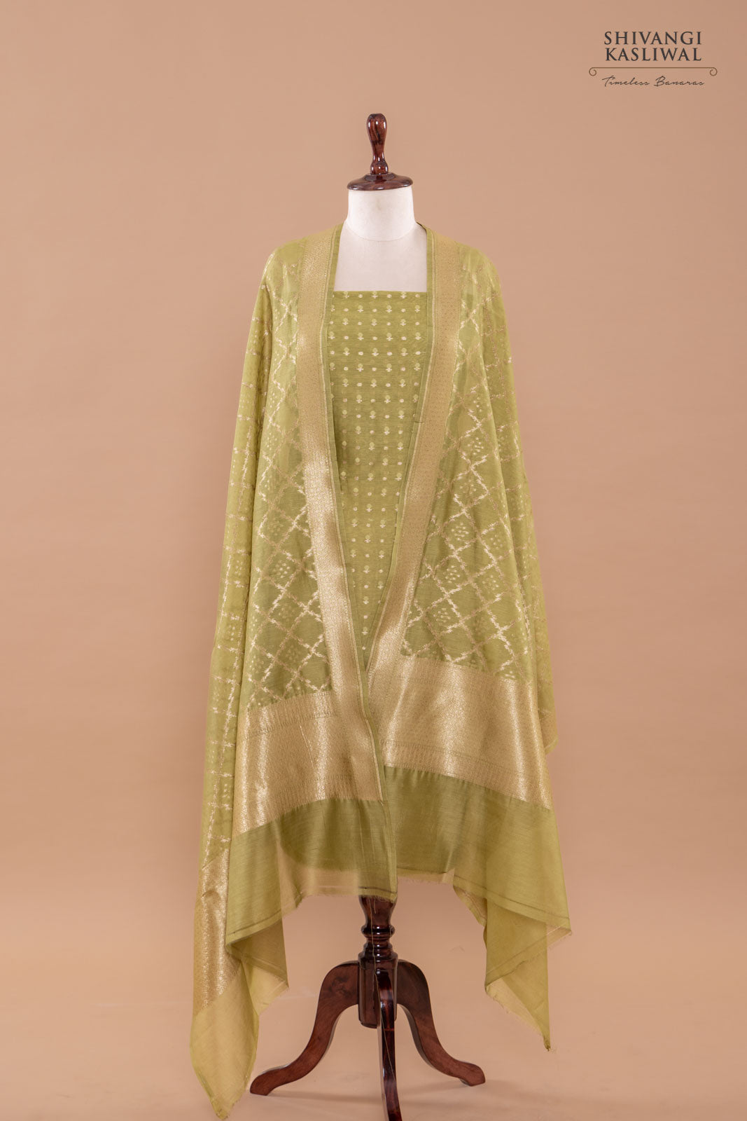 Pista Green Handwoven Banarasi Chanderi Suit Piece