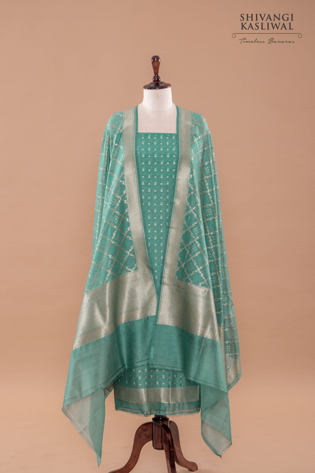 Teal Blue Handwoven Banarasi Chanderi Suit Piece