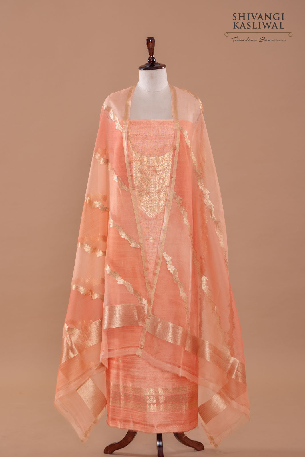 Peach Handwoven Banarasi Raw Silk Suit Piece
