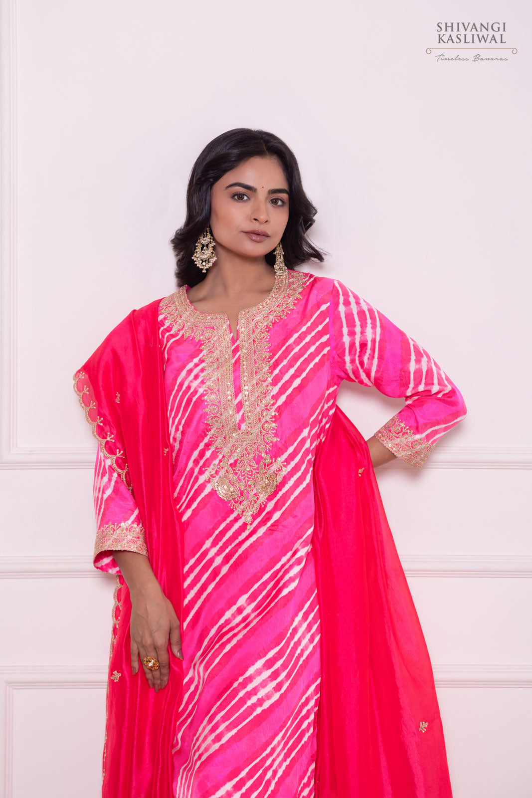 Pink Leheriya Habutai Silk Kurta Set