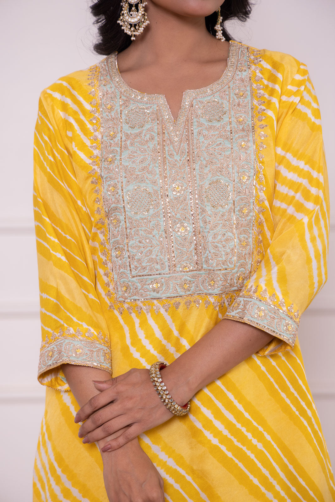 Yellow Leheriya Habutai Silk Kurta Set