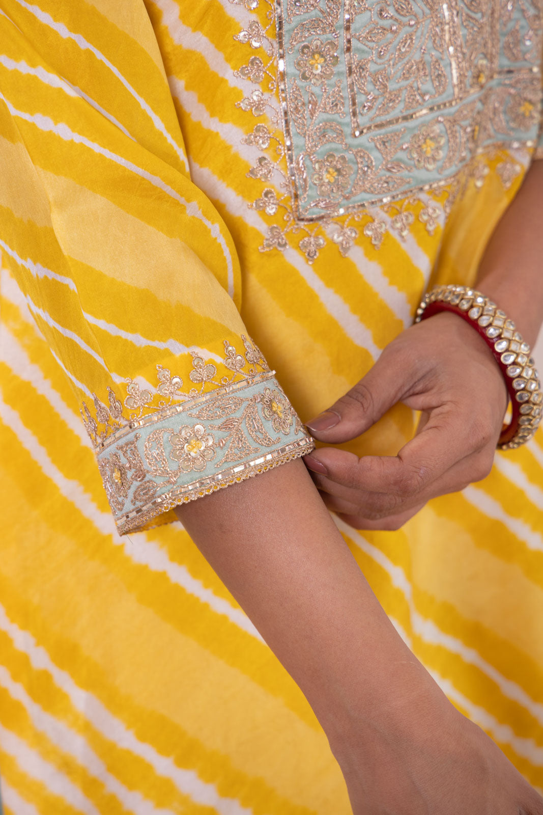 Yellow Leheriya Habutai Silk Kurta Set