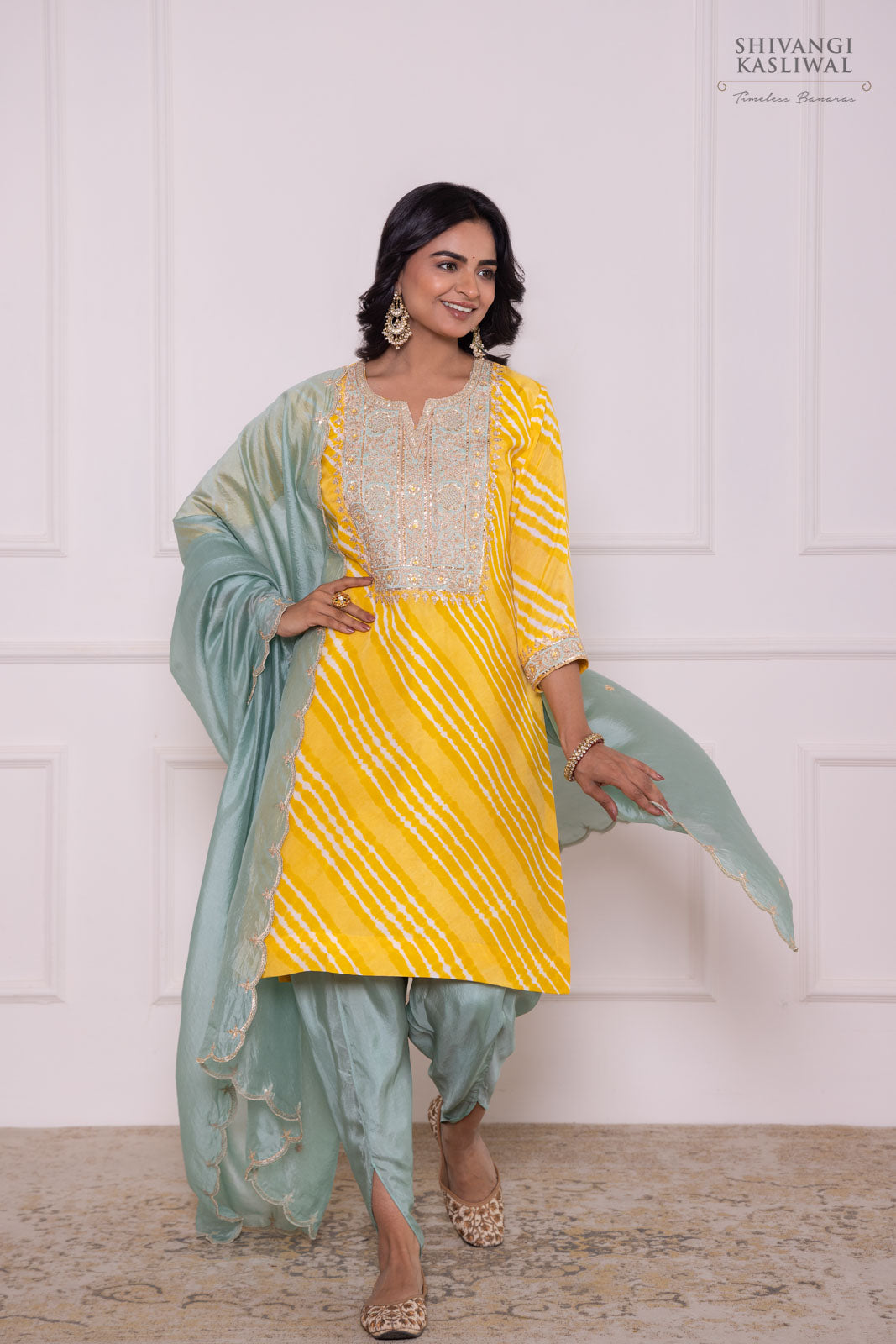 Yellow Leheriya Habutai Silk Kurta Set
