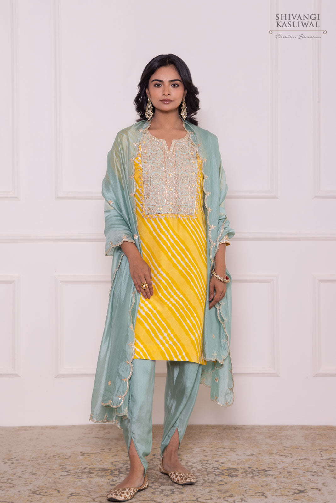 Yellow Leheriya Habutai Silk Kurta Set