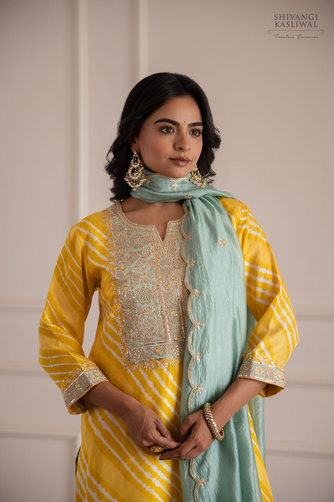 Yellow Leheriya Habutai Silk Kurta Set