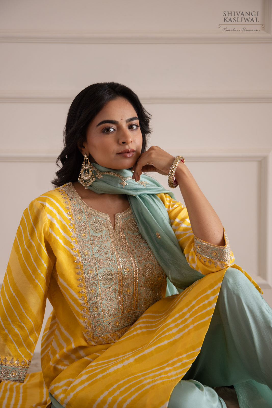 Yellow Leheriya Habutai Silk Kurta Set