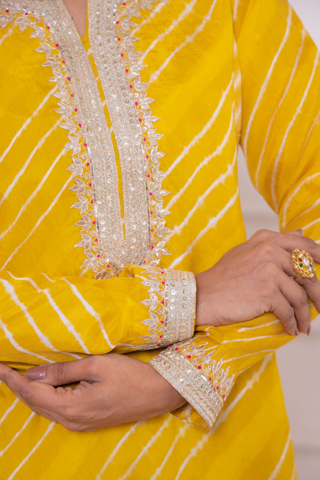 Yellow Leheriya Asymmetric Habutai Silk Kurta Set