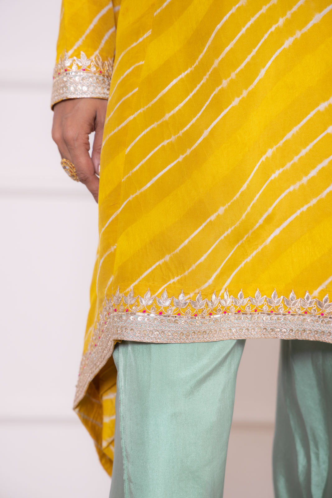 Yellow Leheriya Asymmetric Habutai Silk Kurta Set