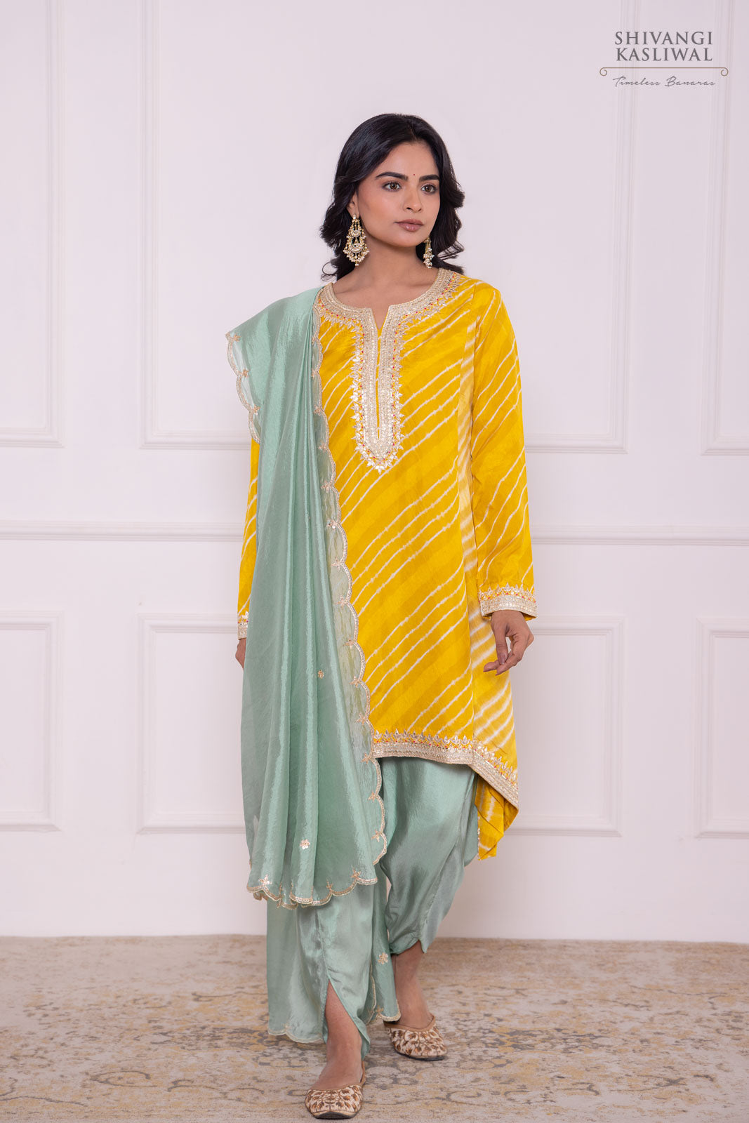 Yellow Leheriya Asymmetric Habutai Silk Kurta Set