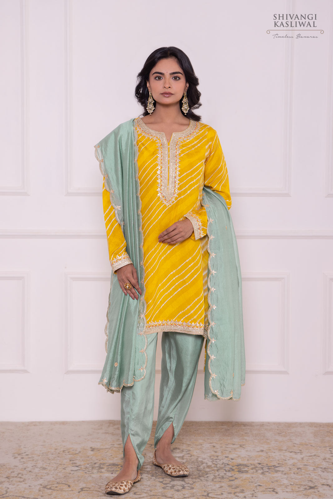 Yellow Leheriya Asymmetric Habutai Silk Kurta Set