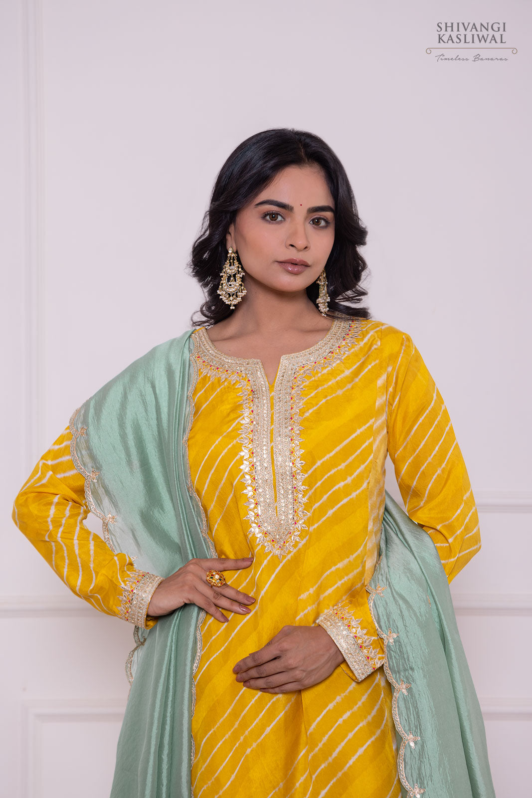 Yellow Leheriya Asymmetric Habutai Silk Kurta Set