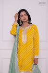 Yellow Leheriya Asymmetric Habutai Silk Kurta Set