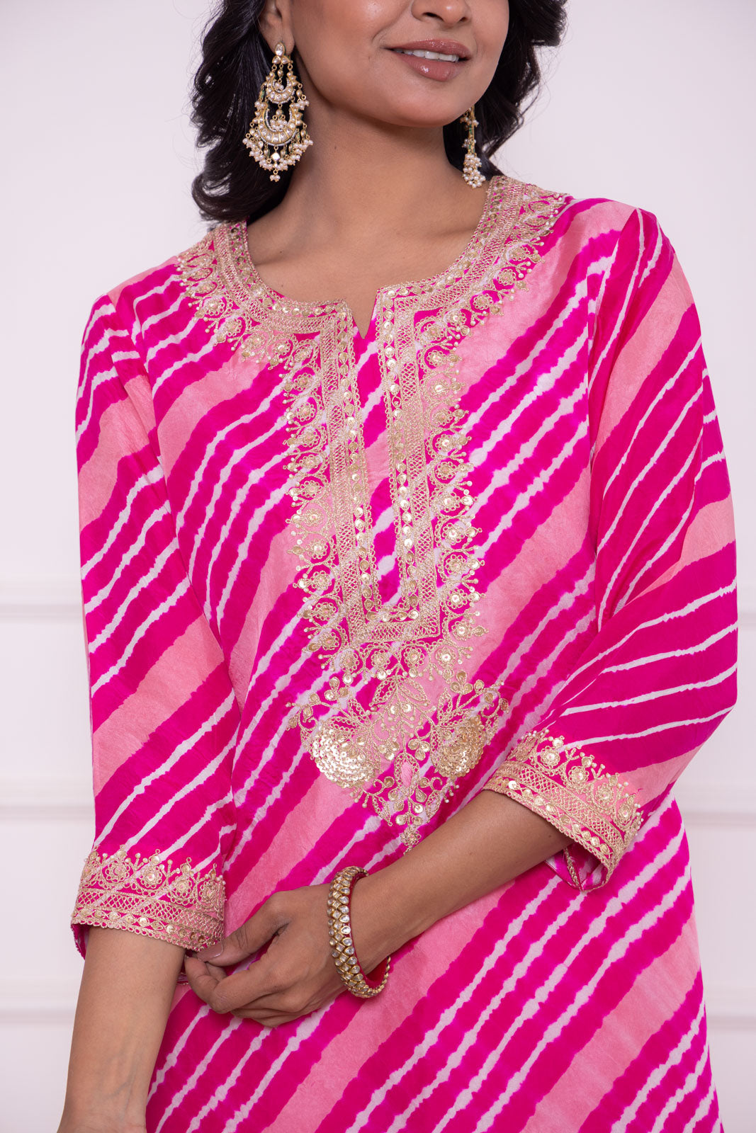 Pink Leheriya Habutai Silk Kurta Set