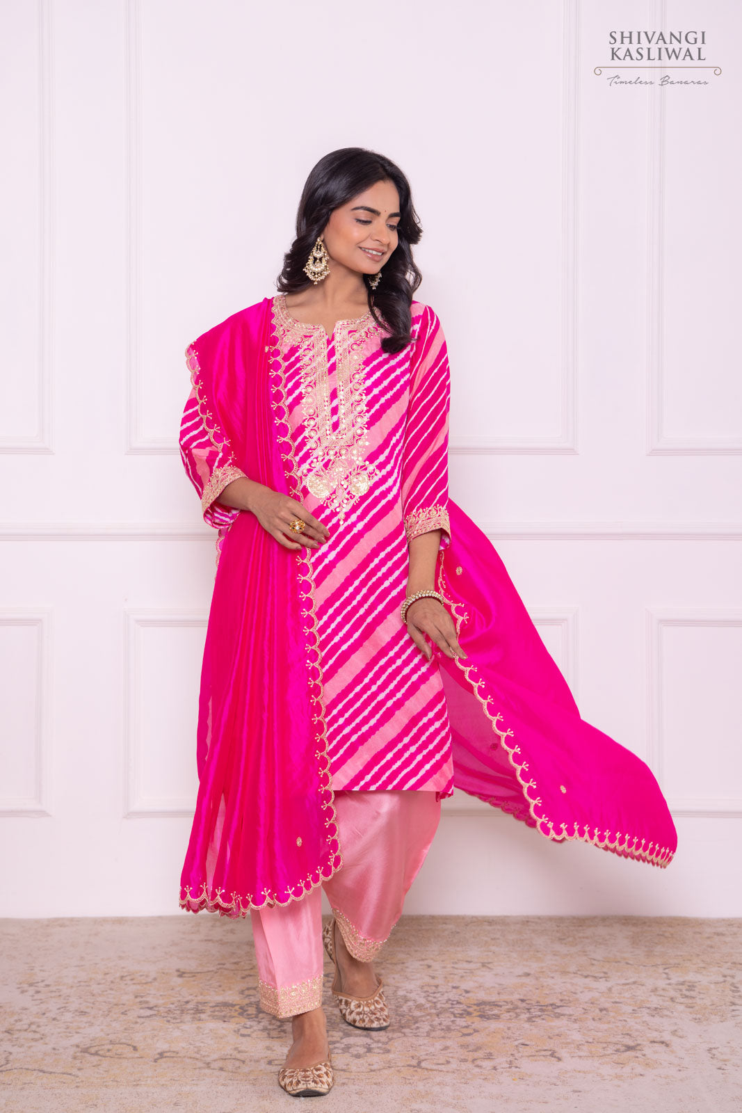 Pink Leheriya Habutai Silk Kurta Set