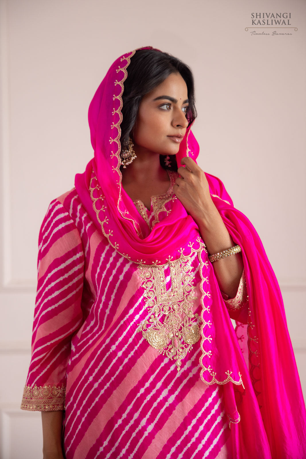 Pink Leheriya Habutai Silk Kurta Set