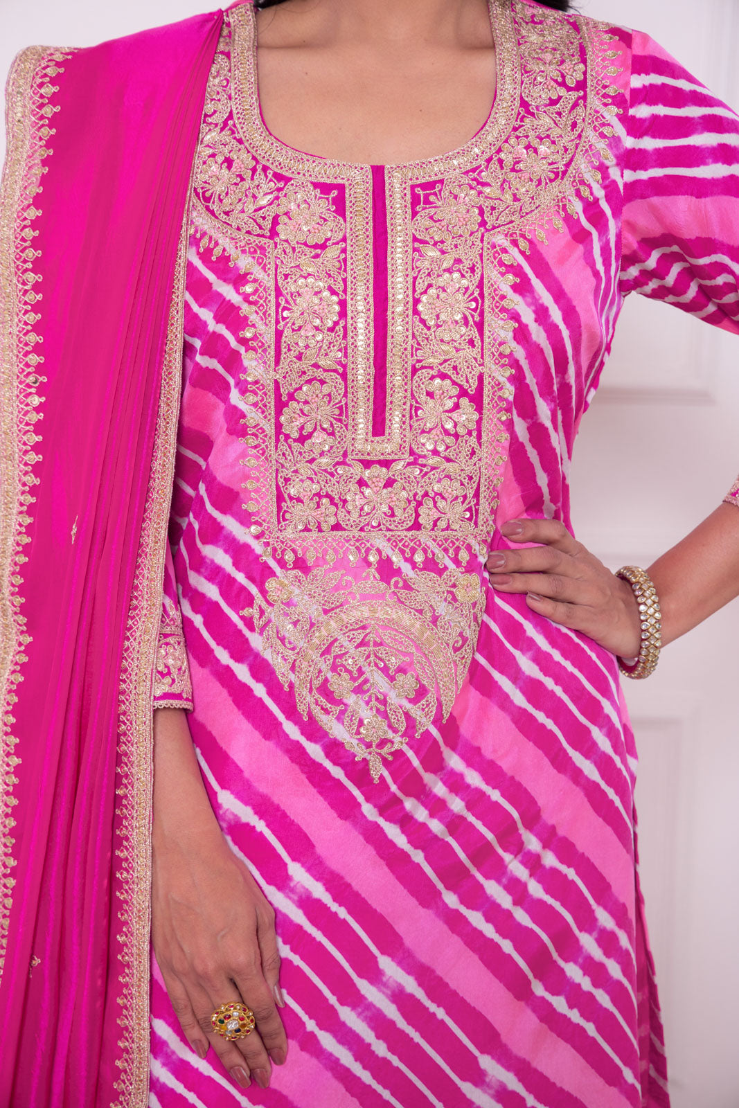 Magenta Pink Leheriya Habutai Silk Kurta Set