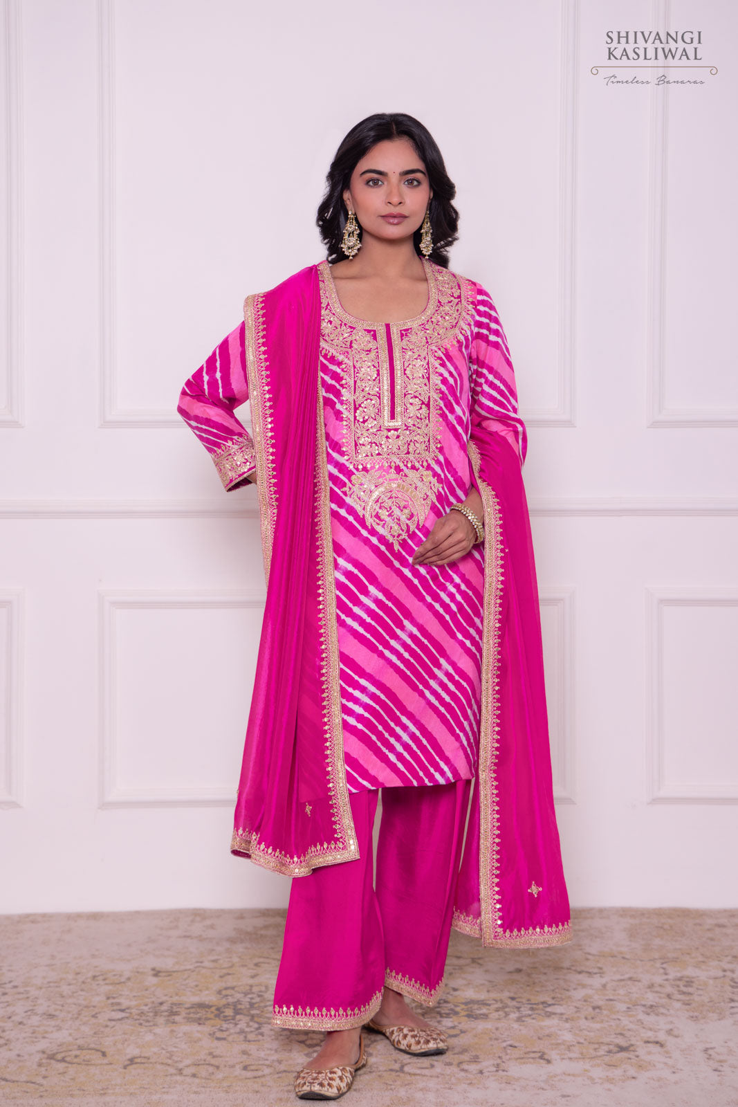 Magenta Pink Leheriya Habutai Silk Kurta Set