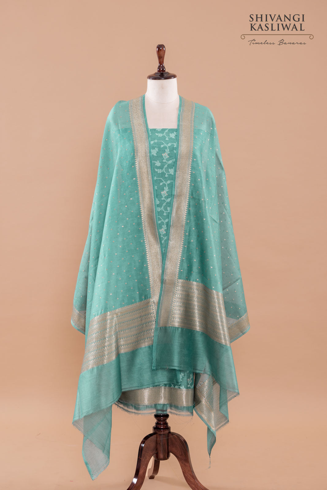 Teal Blue Handwoven Banarasi Chanderi Suit Piece