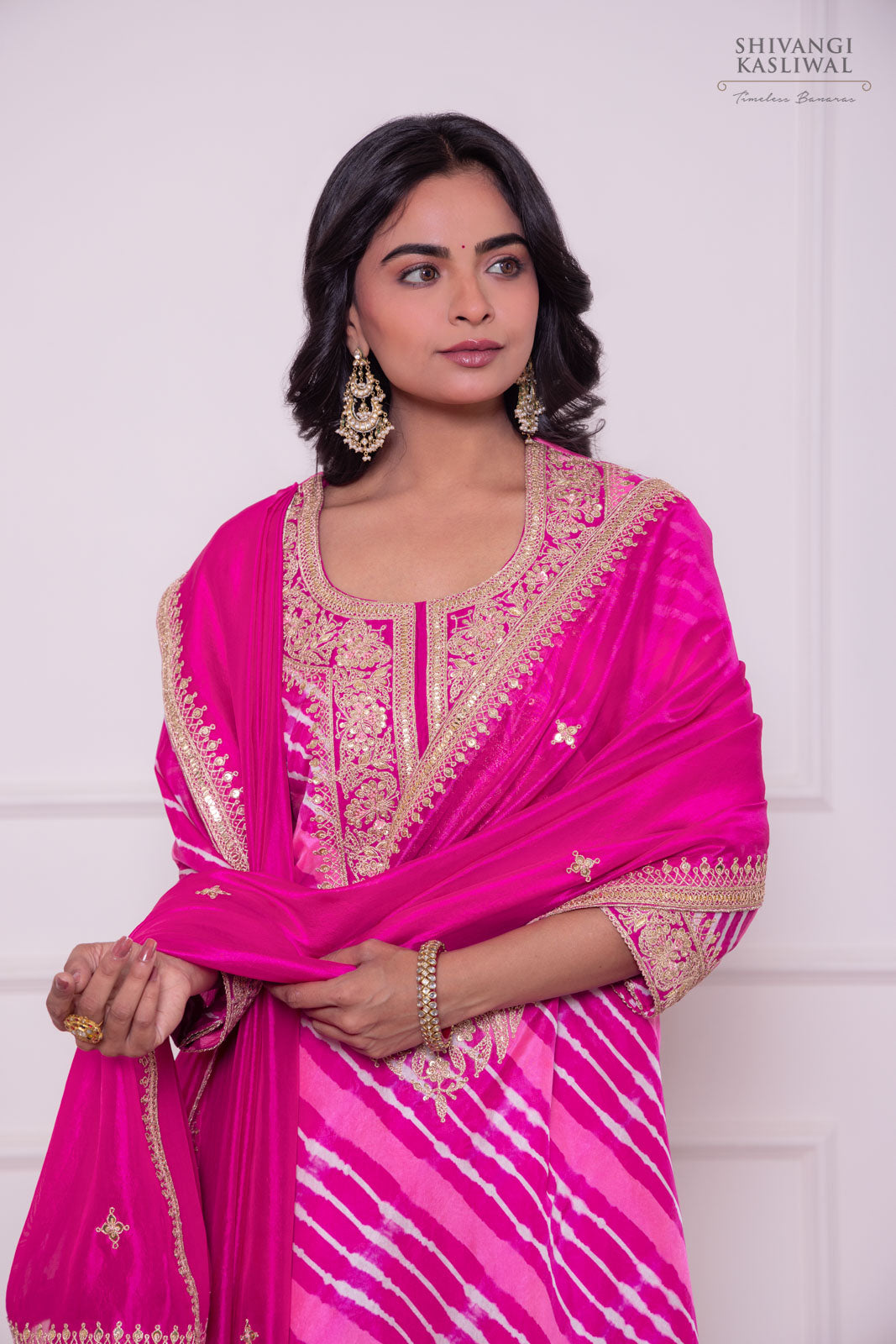 Magenta Pink Leheriya Habutai Silk Kurta Set