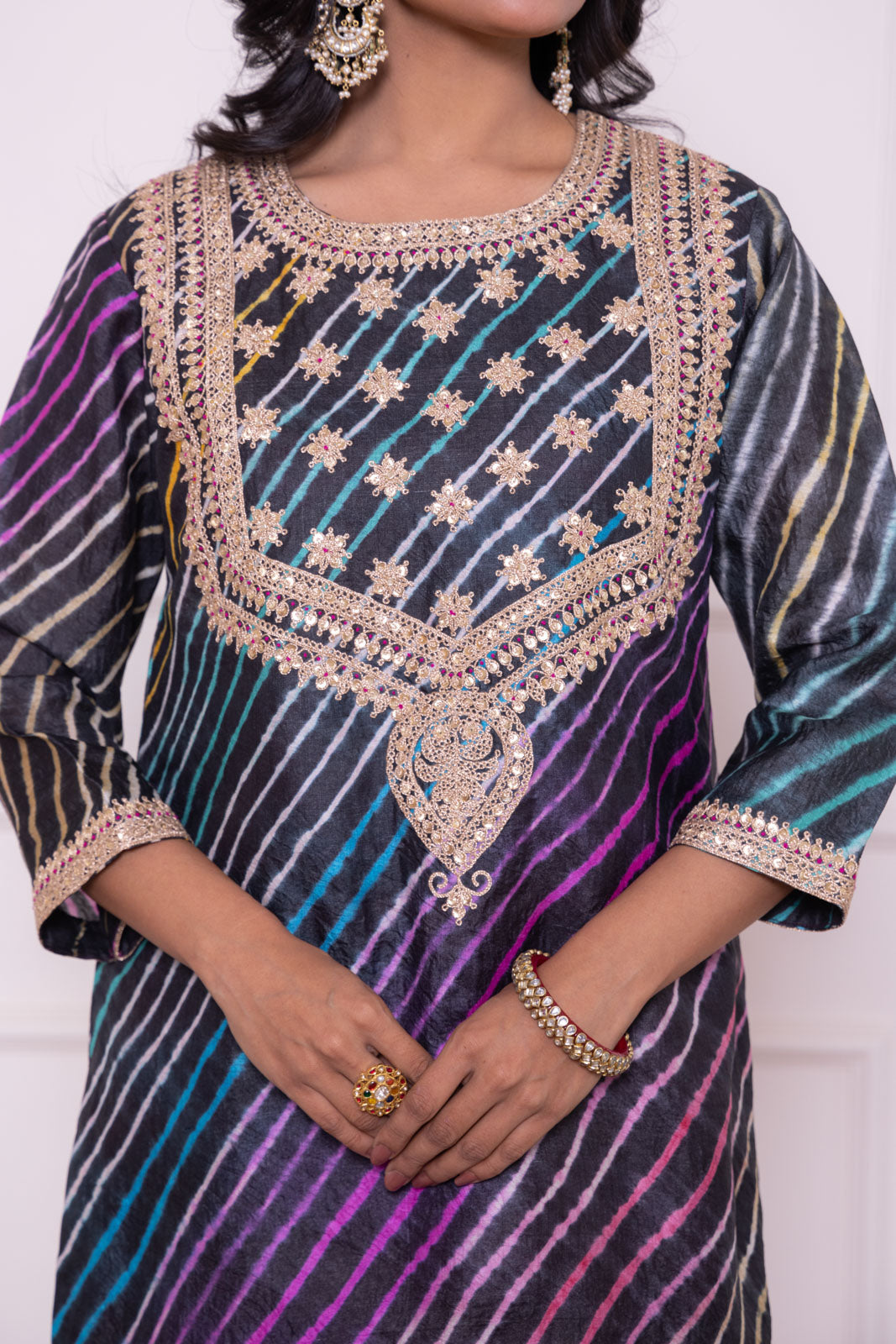 Black Leheriya Tussar Silk Kurta Set