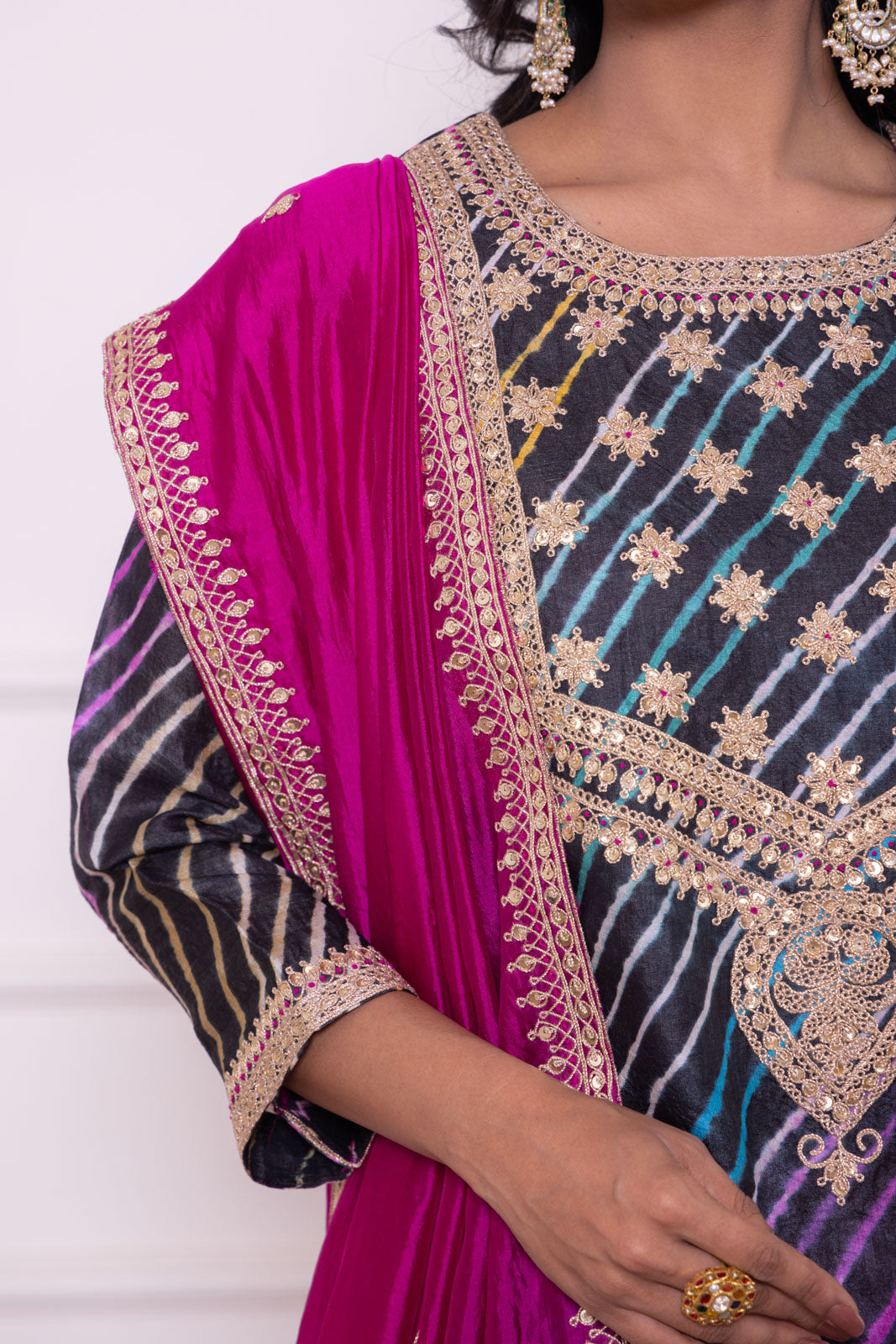 Black Leheriya Tussar Silk Kurta Set