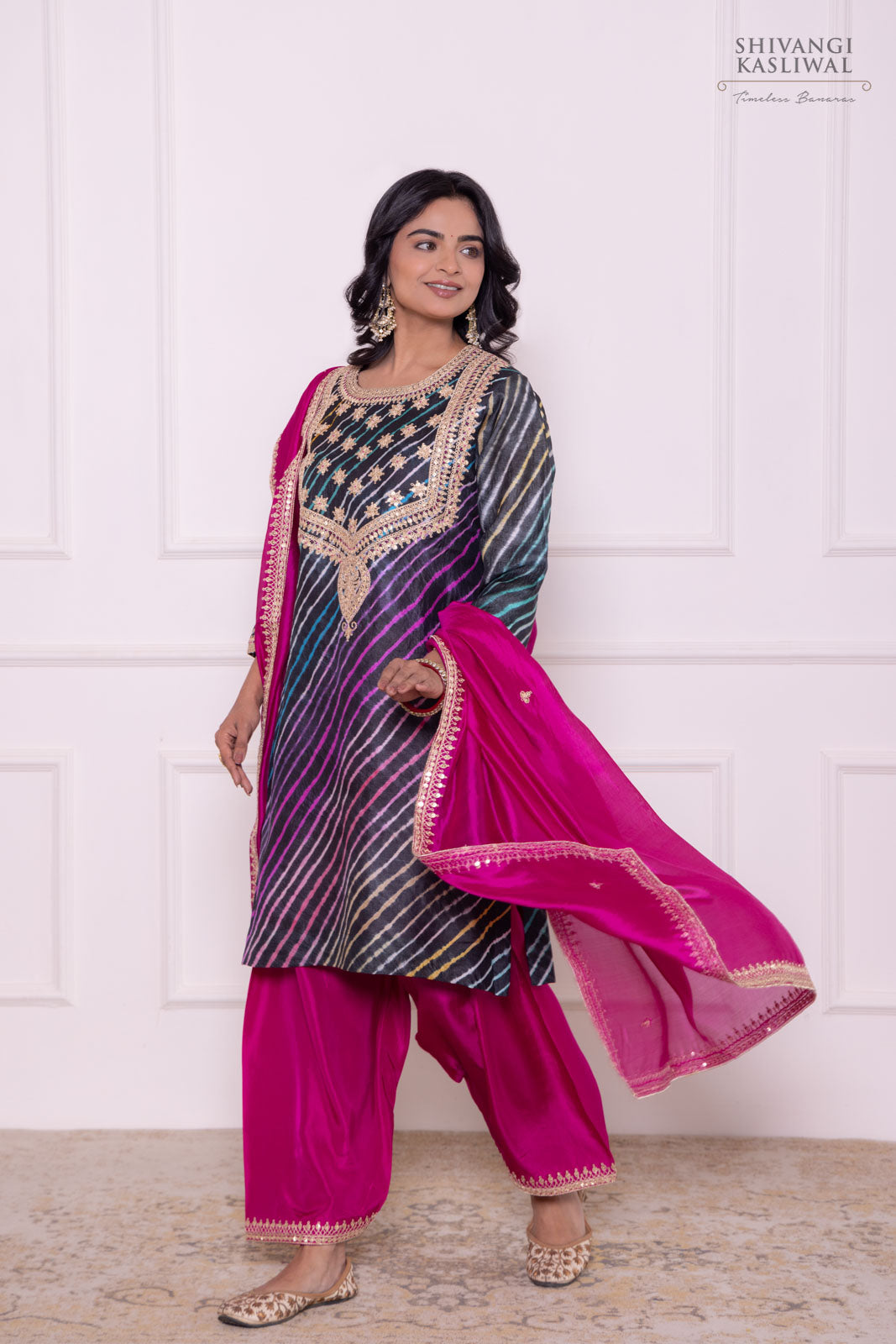 Black Leheriya Tussar Silk Kurta Set