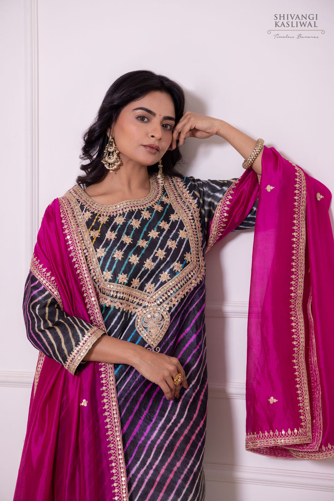 Black Leheriya Tussar Silk Kurta Set