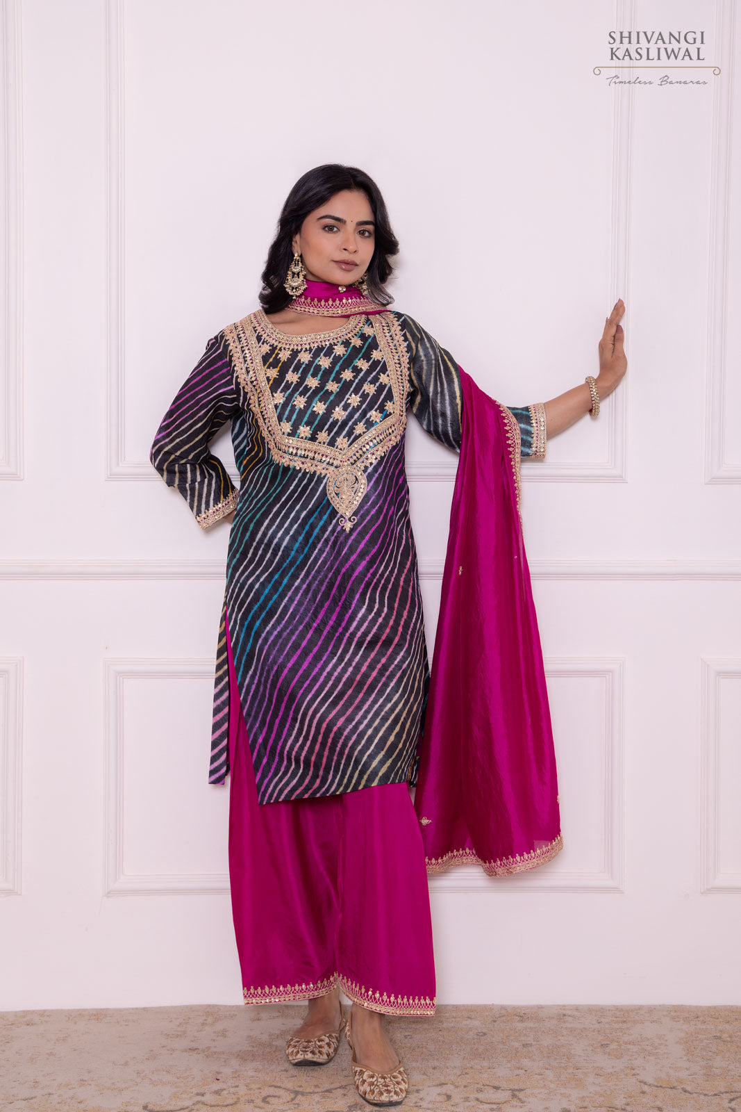 Black Leheriya Tussar Silk Kurta Set