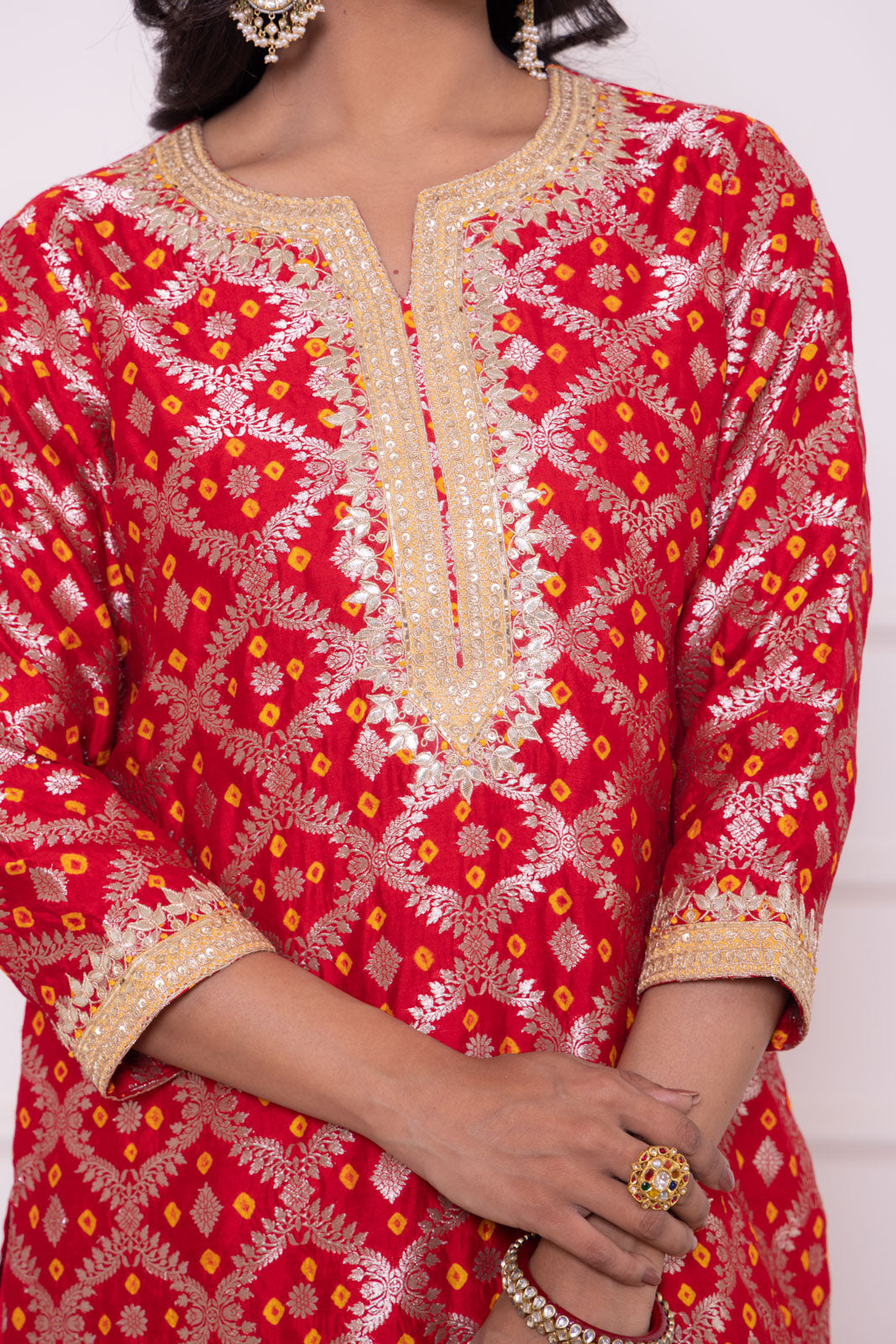 Red Banarasi Bandhej Chiniya Silk Kurta Set
