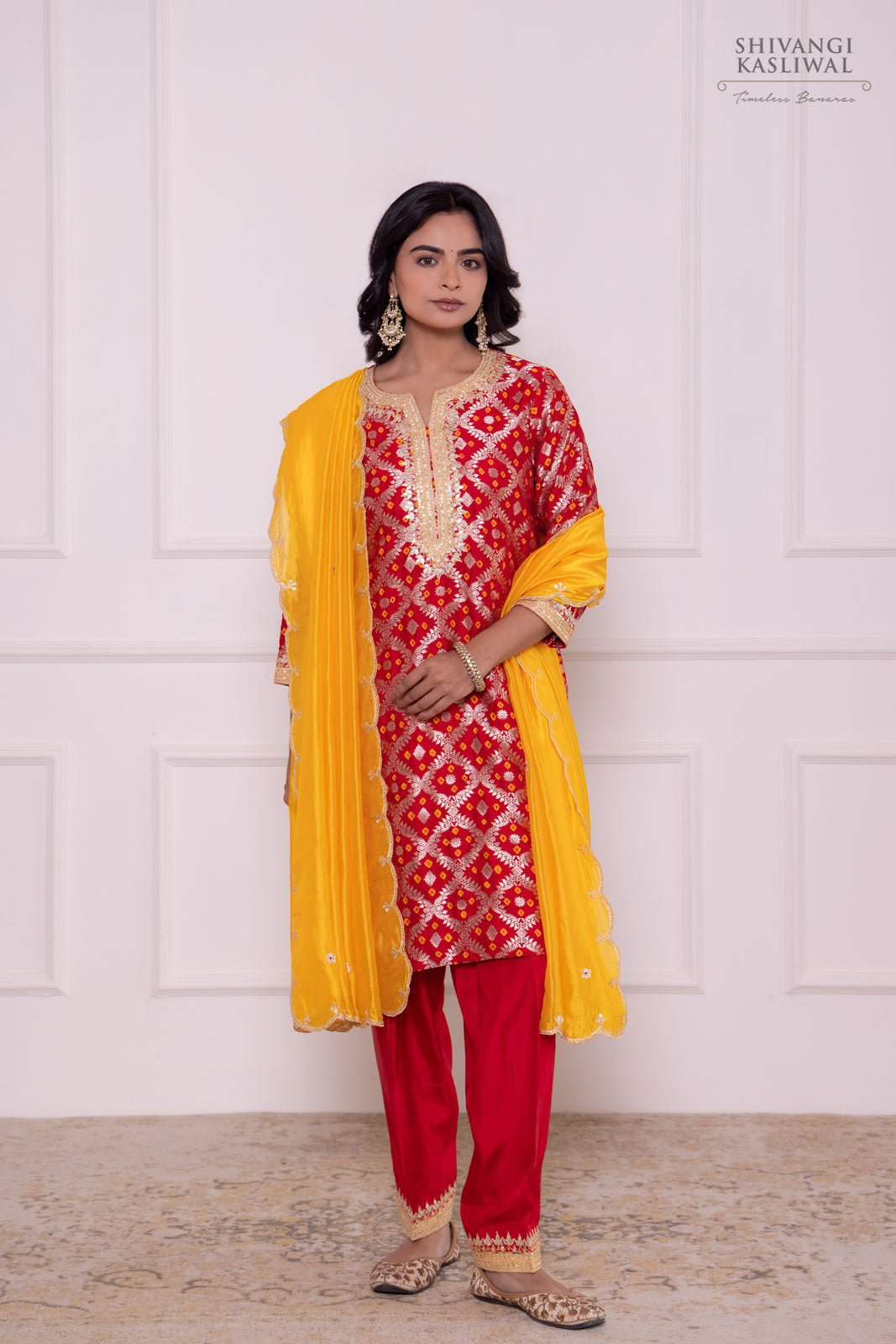 Red Banarasi Bandhej Chiniya Silk Kurta Set