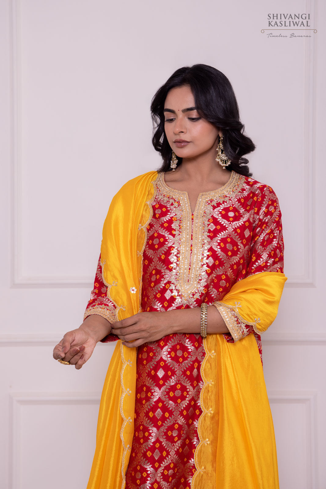 Red Banarasi Bandhej Chiniya Silk Kurta Set