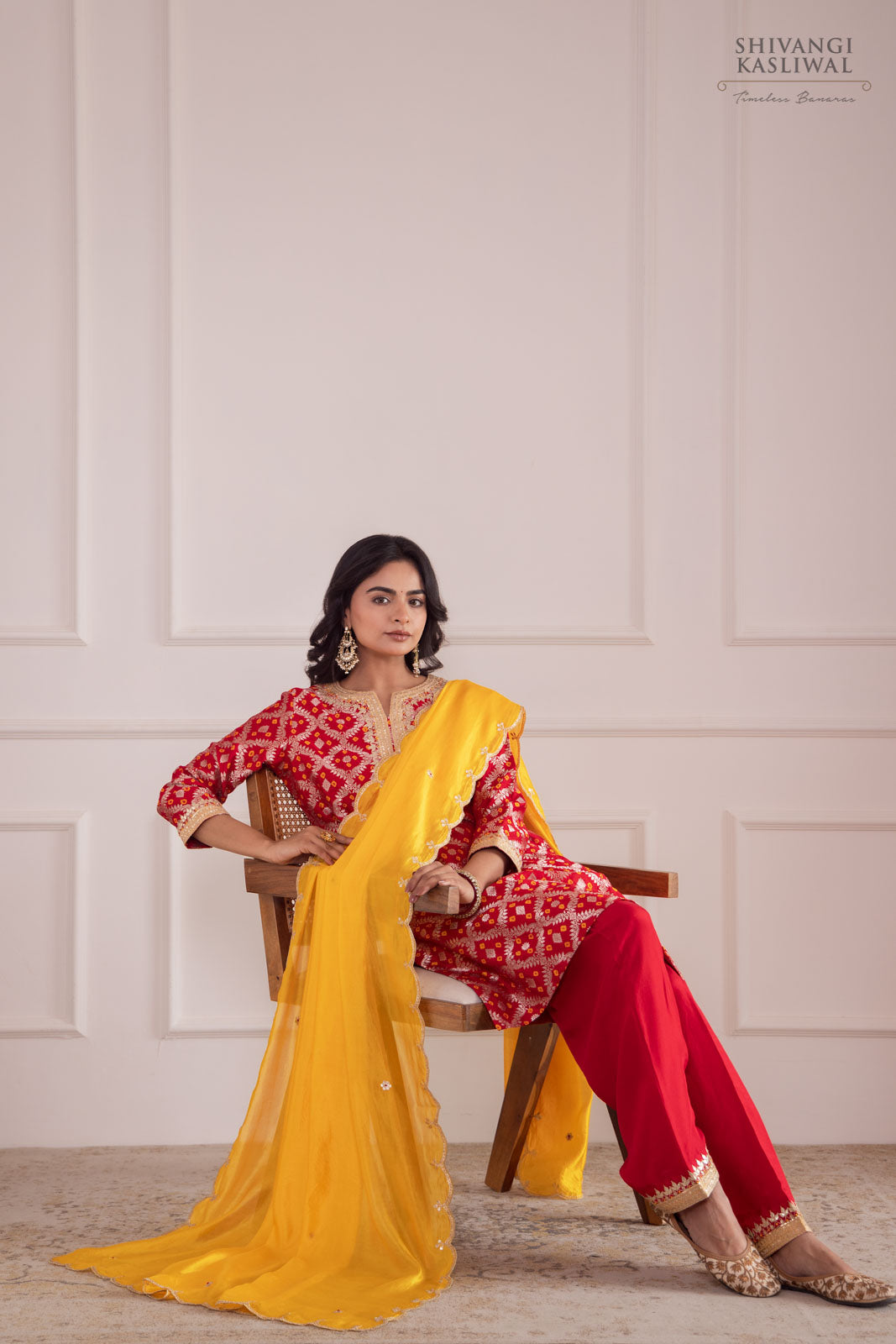 Red Banarasi Bandhej Chiniya Silk Kurta Set