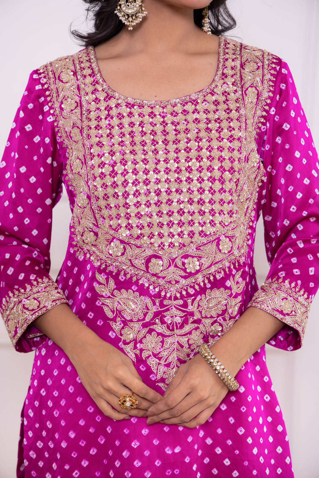 Magenta Pink Bandhani Silk Kurta Set